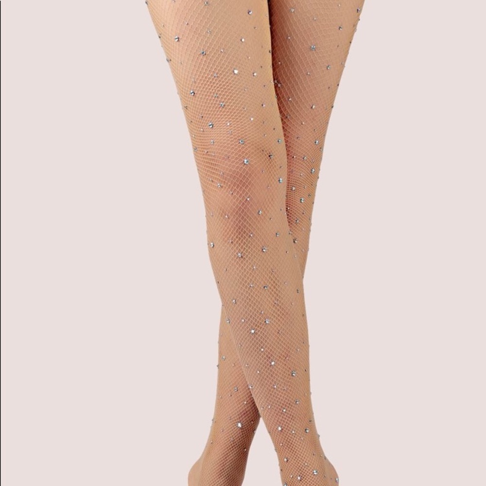 New Rhinestone Fishnet Tights Pantyhose TAN BLACK